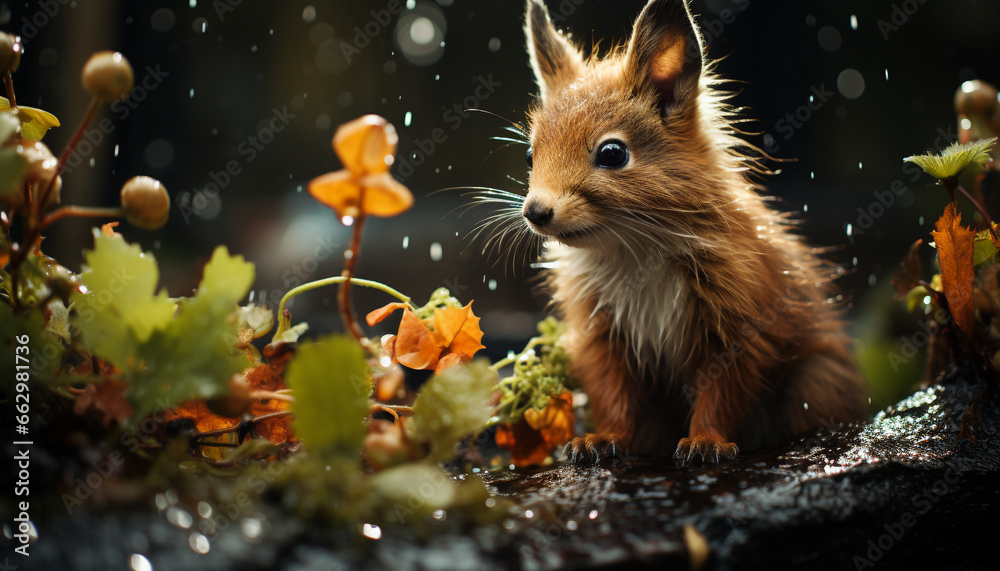 Cute fluffy rabbit sitting on wet grass in autumn forest generated by AI