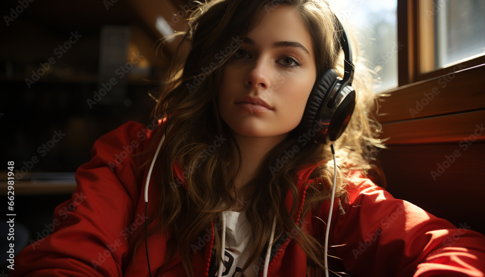 Young woman enjoying music with headphones, smiling and looking relaxed generated by AI