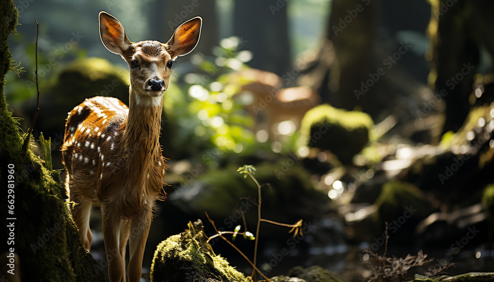 Cute deer standing in green meadow, looking at camera peacefully generated by AI