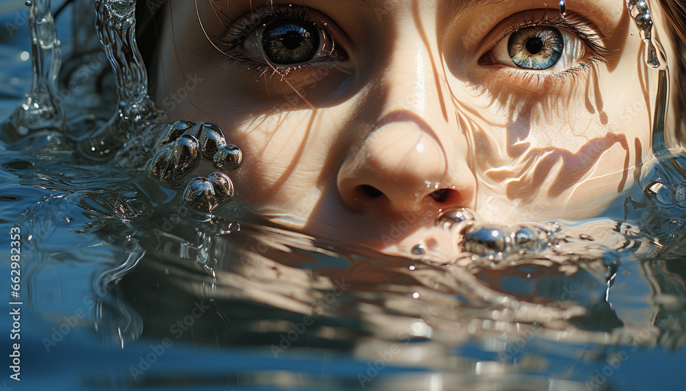 Smiling child enjoys summer fun, playing in the refreshing water generated by AI