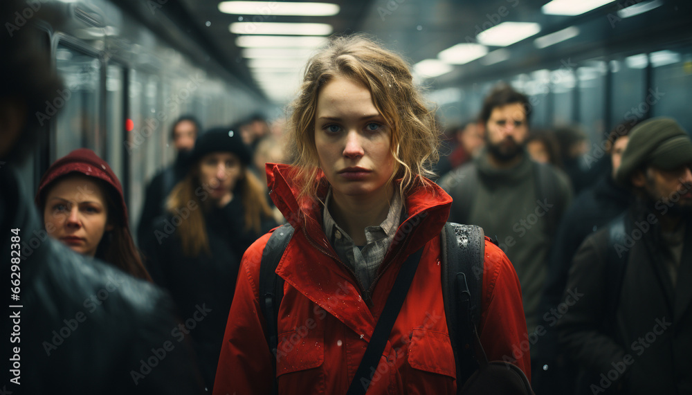 Young women walking in the city, backpacks, subway station, winter generated by AI