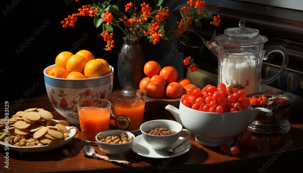 Freshness and nature on a wooden table, healthy eating indoors generated by AI