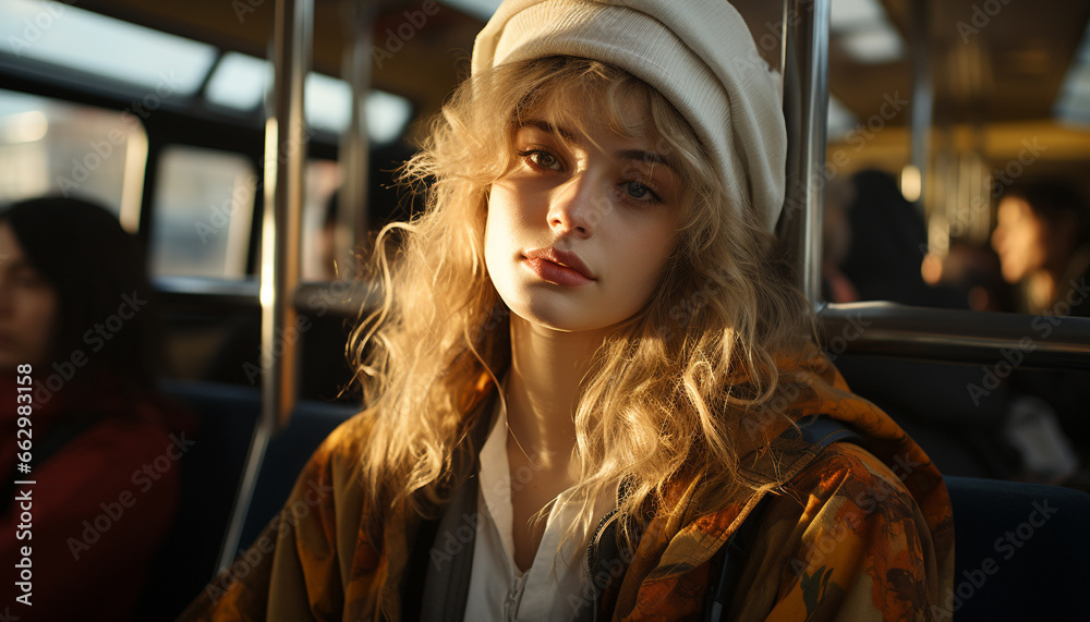 Young women in casual clothing, sitting inside a bus, smiling generated by AI