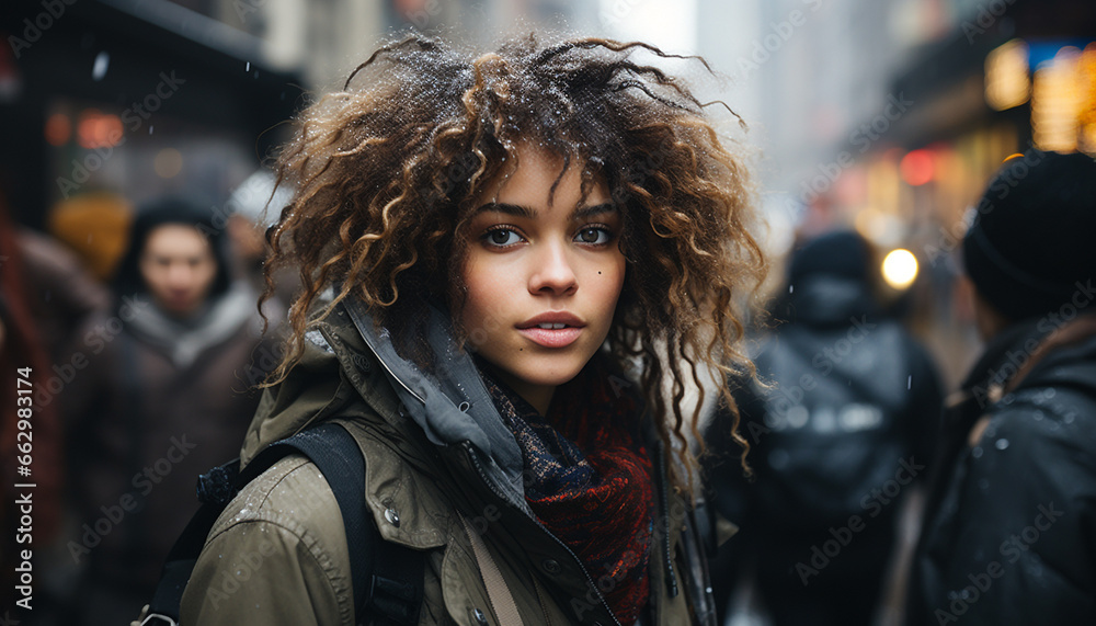 Young women walking in the city, smiling, looking at camera generated by AI