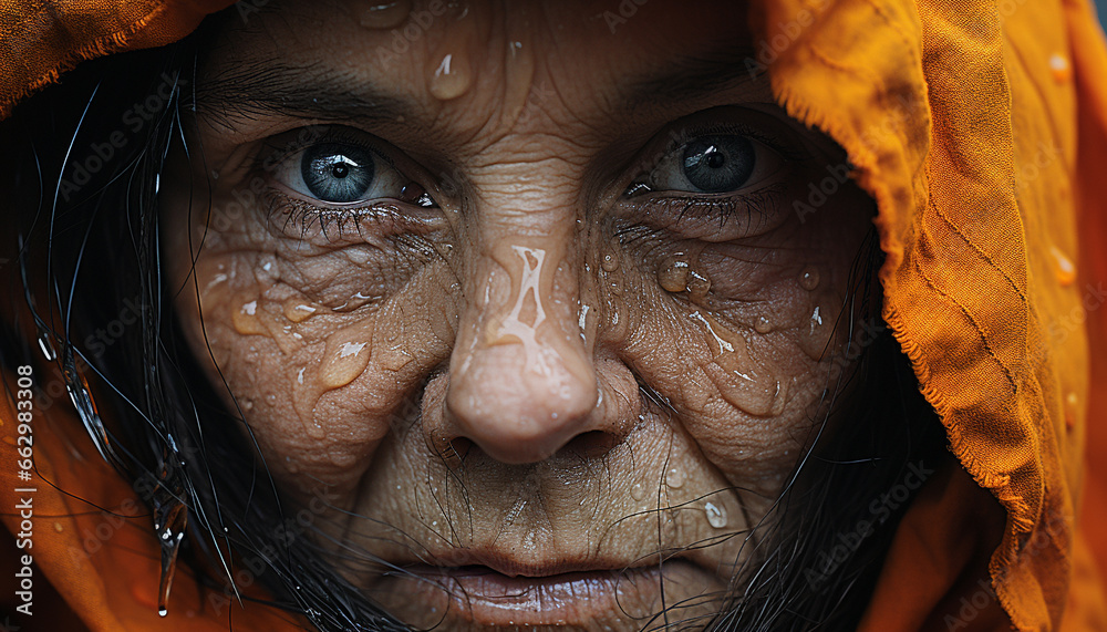 Smiling woman in rain, beauty in nature, fresh autumn generated by AI