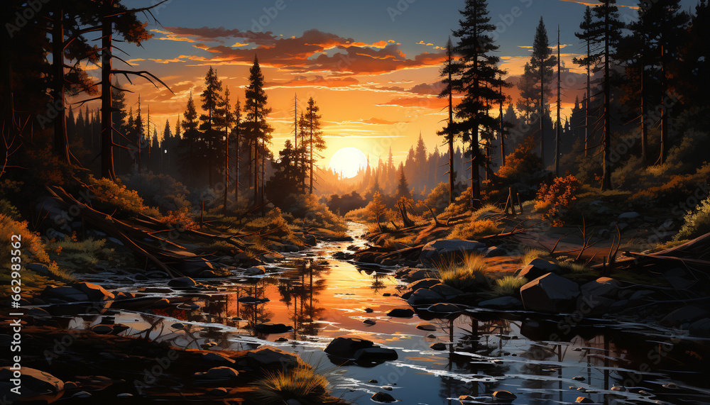 Tranquil scene  sunset over forest, reflecting on peaceful water generated by AI