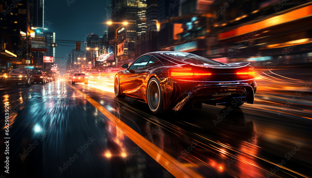 Fast car speeds through city streets, illuminating the night generated by AI