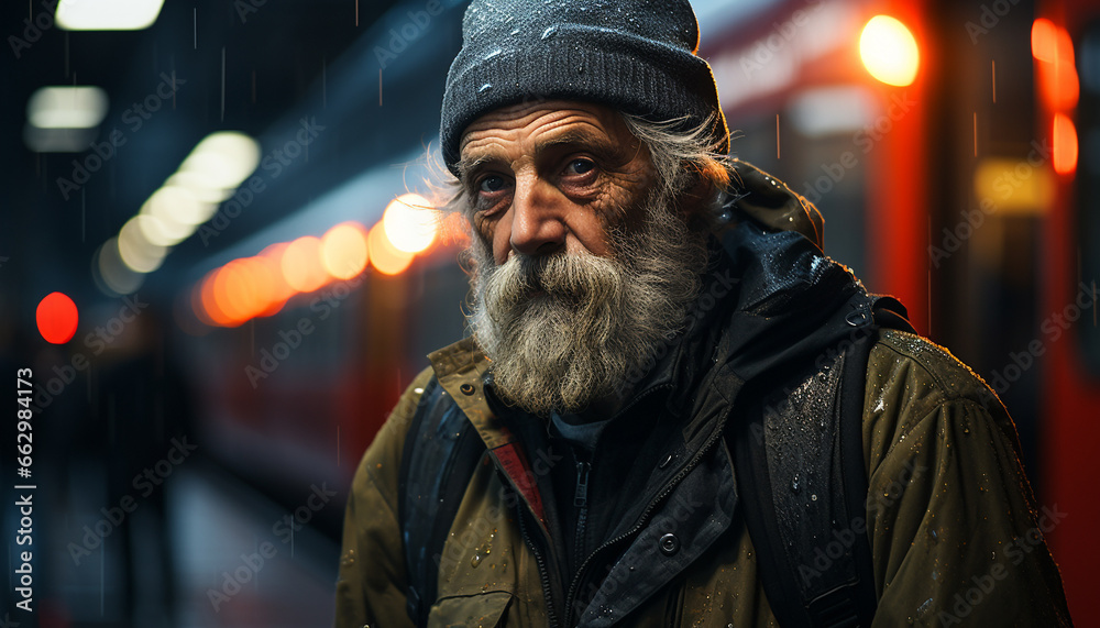 Senior man with gray hair and mustache, confidently looking at camera generated by AI