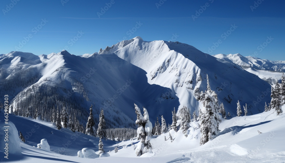 Tranquil winter landscape  snow capped mountain range, frozen forest, clear sky generated by AI