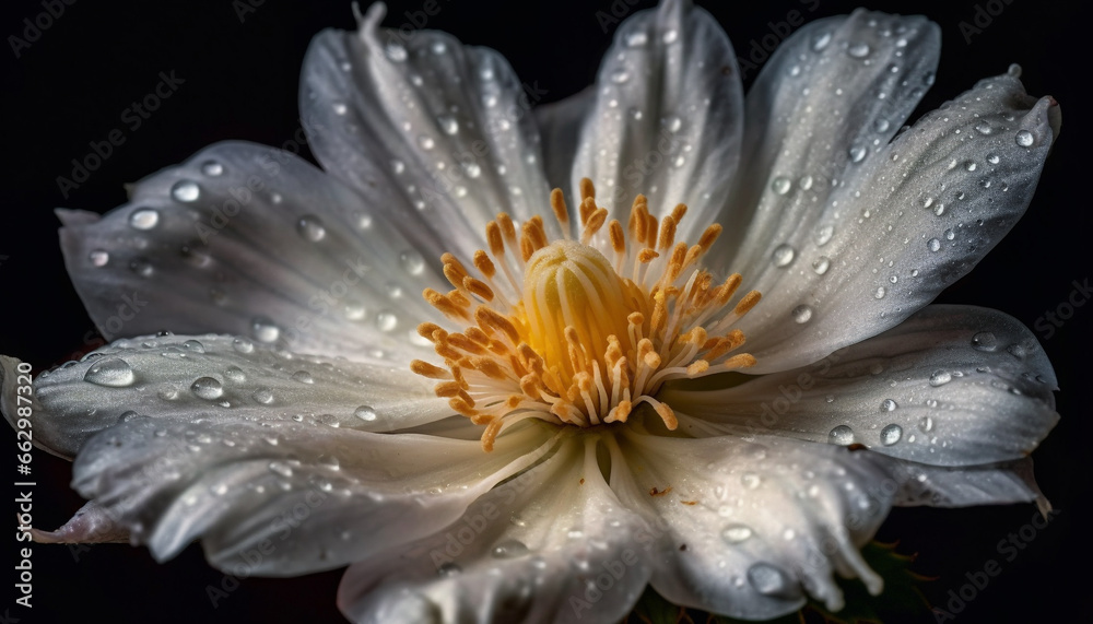 Vibrant yellow gerbera daisy in wet black background with dew generated by AI