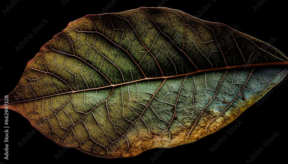 Vibrant leaf vein pattern on black background, organic beauty in nature generated by AI