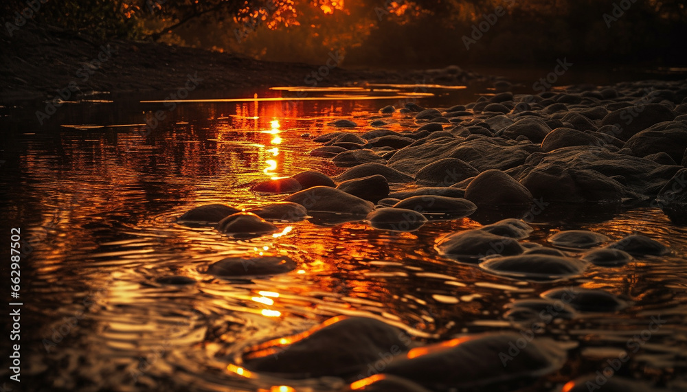 Tranquil sunset reflection on pond, surrounded by vibrant autumn forest generated by AI