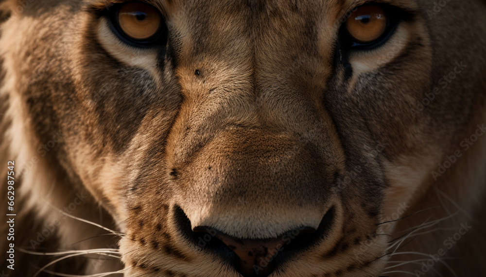 Staring feline, close up portrait of a lion majestic mane generated by AI