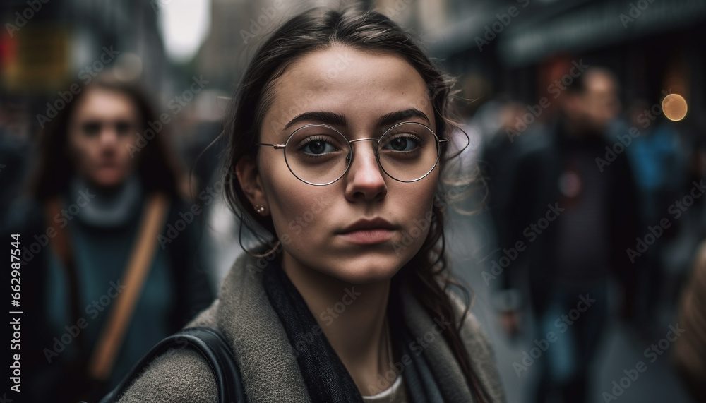 Young adult woman, outdoors in city, looking at camera smiling generated by AI