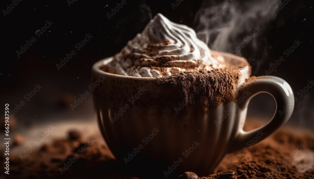 Hot coffee in rustic cup on wood table, frothy steam rising generated by AI