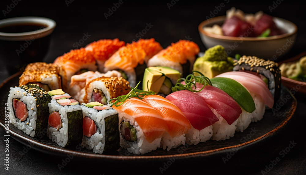 Fresh seafood meal on plate with sushi, avocado, and ginger generated by AI