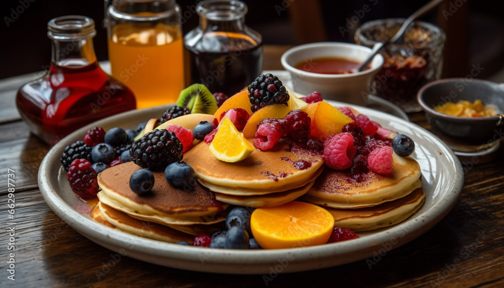 Freshly baked blueberry pancakes with honey syrup on rustic wood table generated by AI