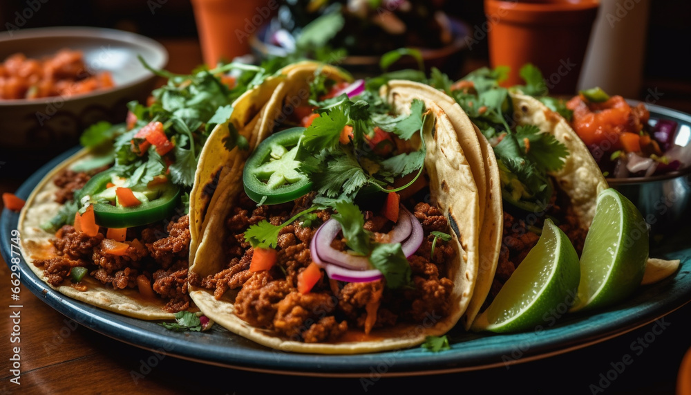 Freshly grilled beef taco with guacamole, tomato, and cilantro on flatbread generated by AI