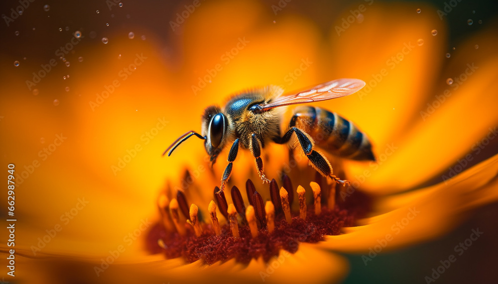 Busy honey bee picking up pollen from a yellow flower generated by AI