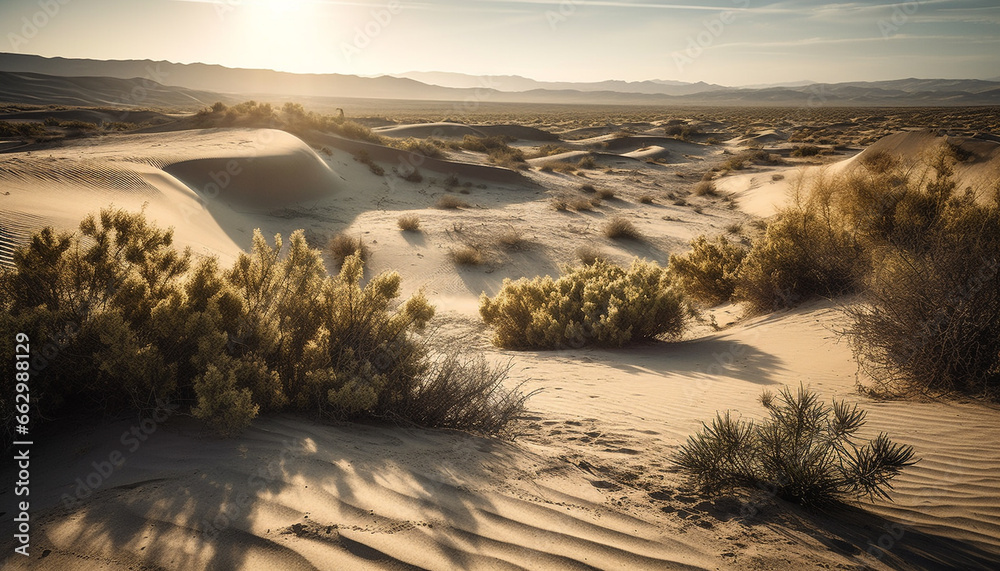 Tranquil sunset over majestic sand dunes in remote African wilderness generated by AI