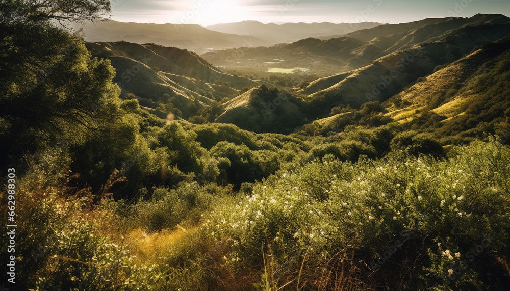 Majestic mountain range, tranquil meadow, and growth in nature beauty generated by AI