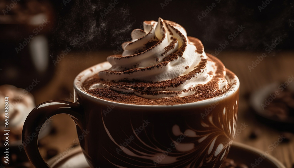 Whipped cream tops the frothy mocha in rustic coffee shop generated by AI