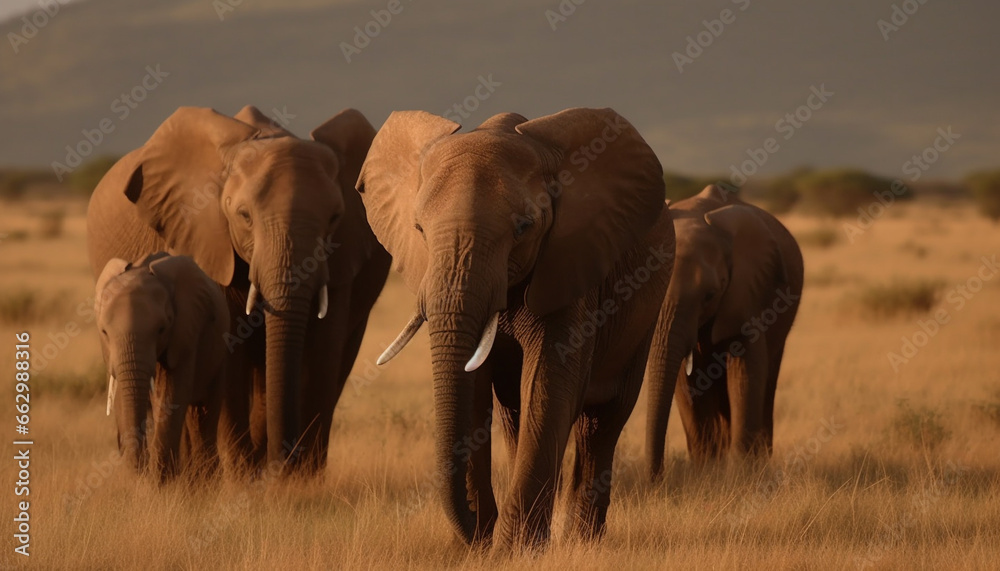 African elephant herd walking in a row at sunset grazing generated by AI