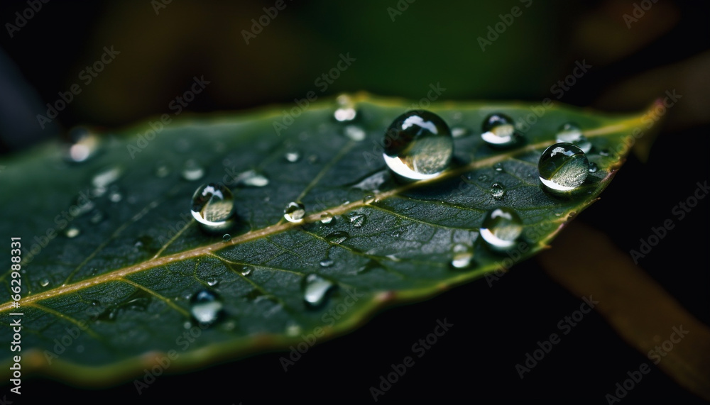 Fresh green leaf with dew drop reflects beauty in nature generated by AI