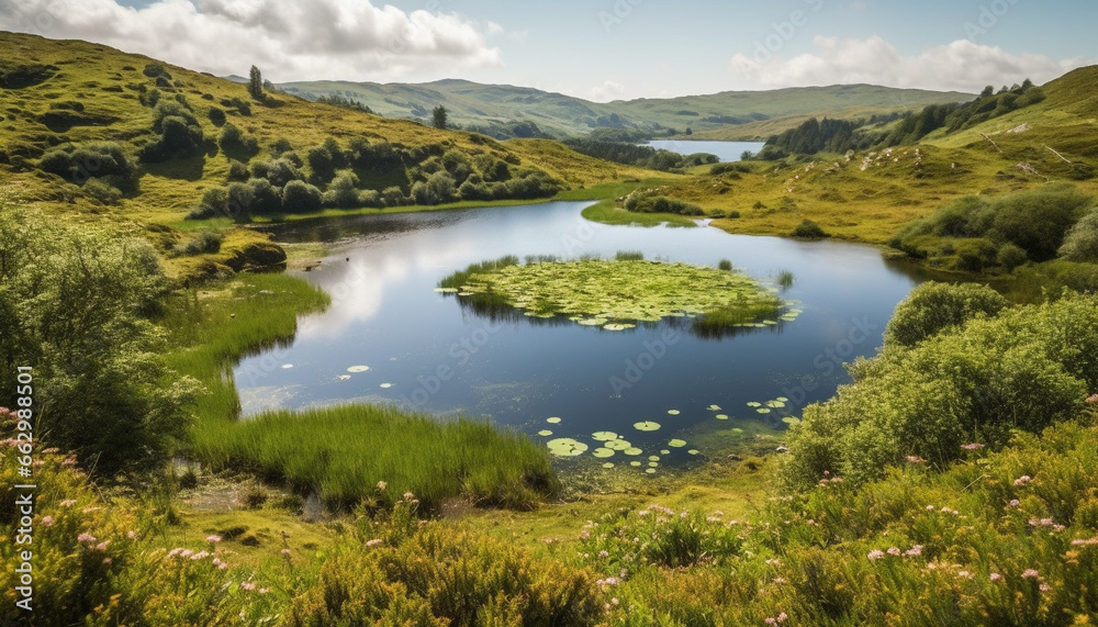 Tranquil scene of a mountain range reflected in a pond generated by AI