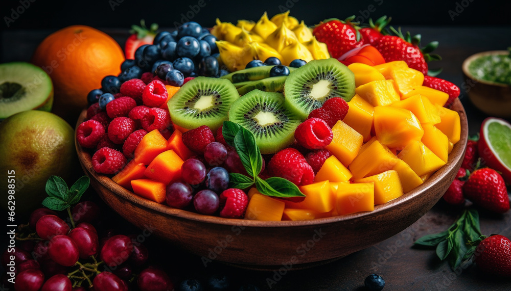 Fresh berry salad with multi colored fruit on a wooden table generated by AI