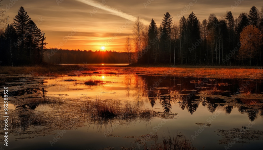 Golden horizon reflects tranquil beauty in nature vibrant landscape generated by AI