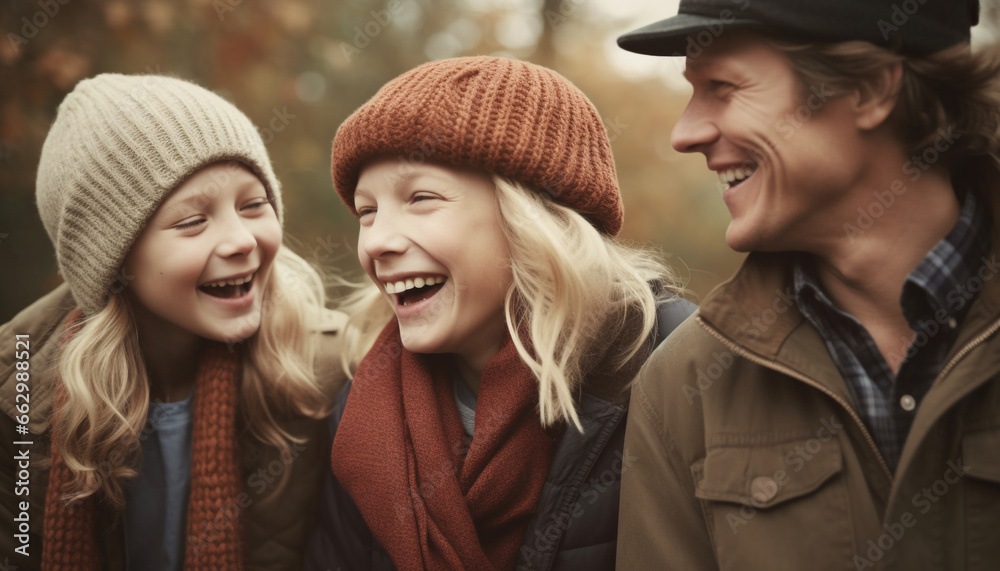 Casual young adults enjoy playful autumn day in forest together generated by AI