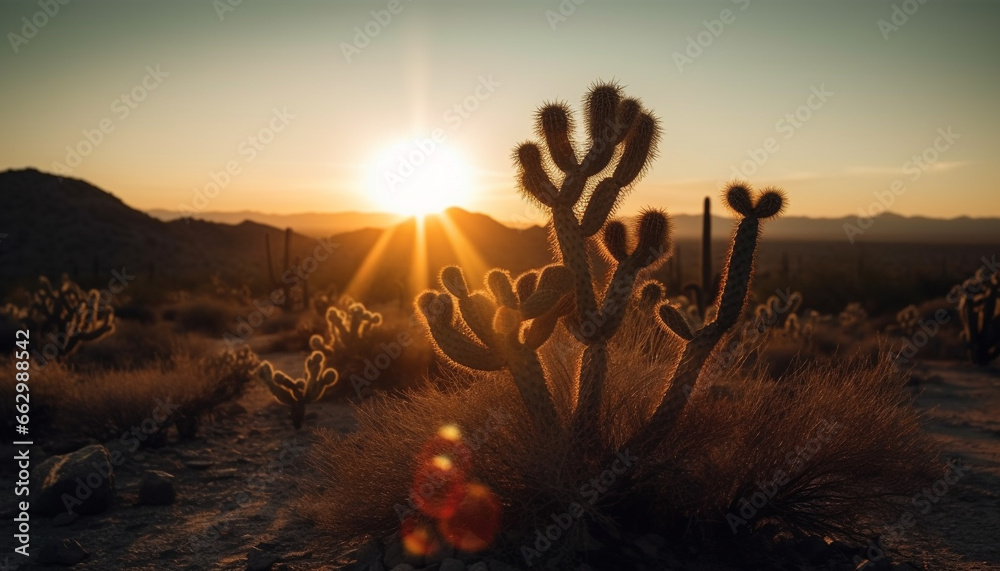 Silhouette of a tree on a tranquil sunset landscape generated by AI