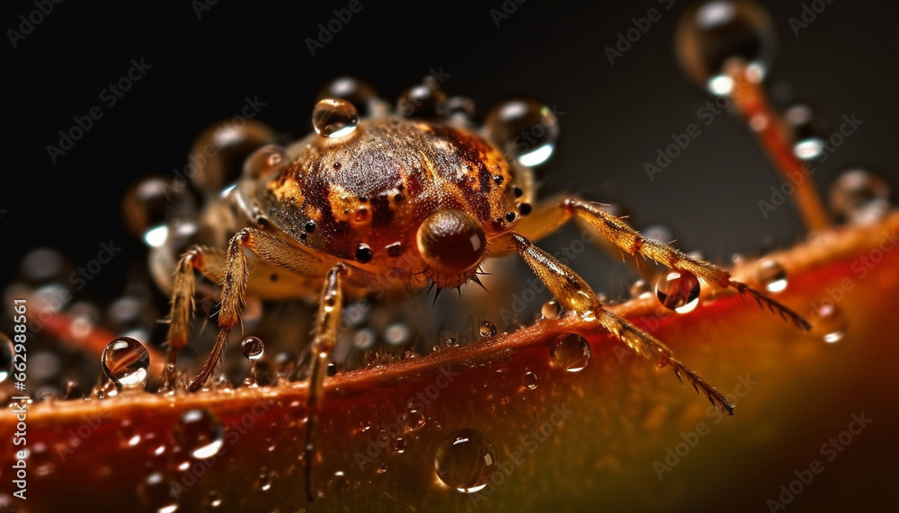 Spooky arachnid leg on wet leaf, magnified in focus generated by AI