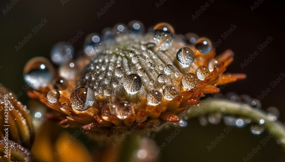 Fresh dew on wet flower petal, nature beauty in close up generated by AI