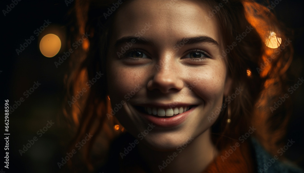 Smiling young adult woman enjoying carefree nature at dusk outdoors generated by AI