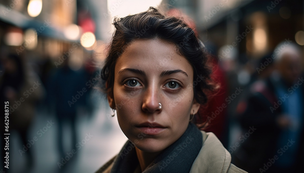 Young adult woman looking at camera with confidence in city generated by AI