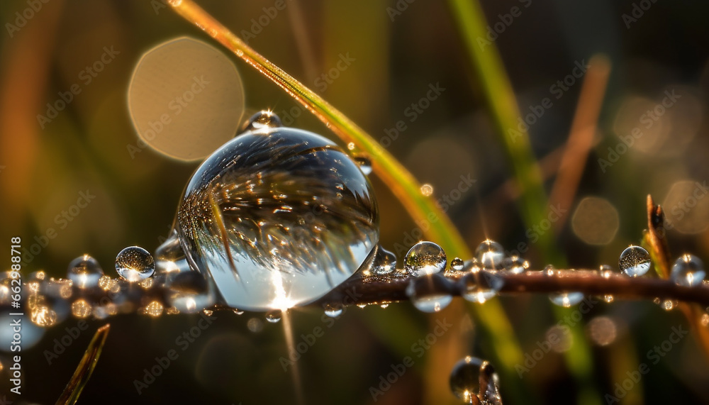 Fresh green leaf with dew drop reflects beauty of nature generated by AI