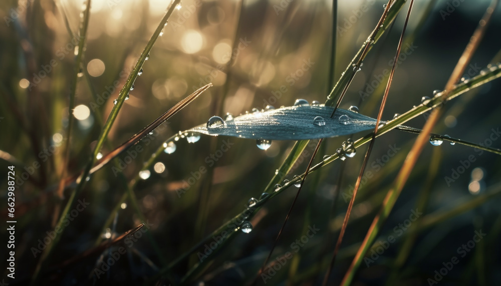 Vibrant green meadow, dew drops on blades, nature beauty shines generated by AI