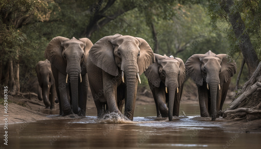 Large African elephant herd in motion through tropical wilderness area generated by AI