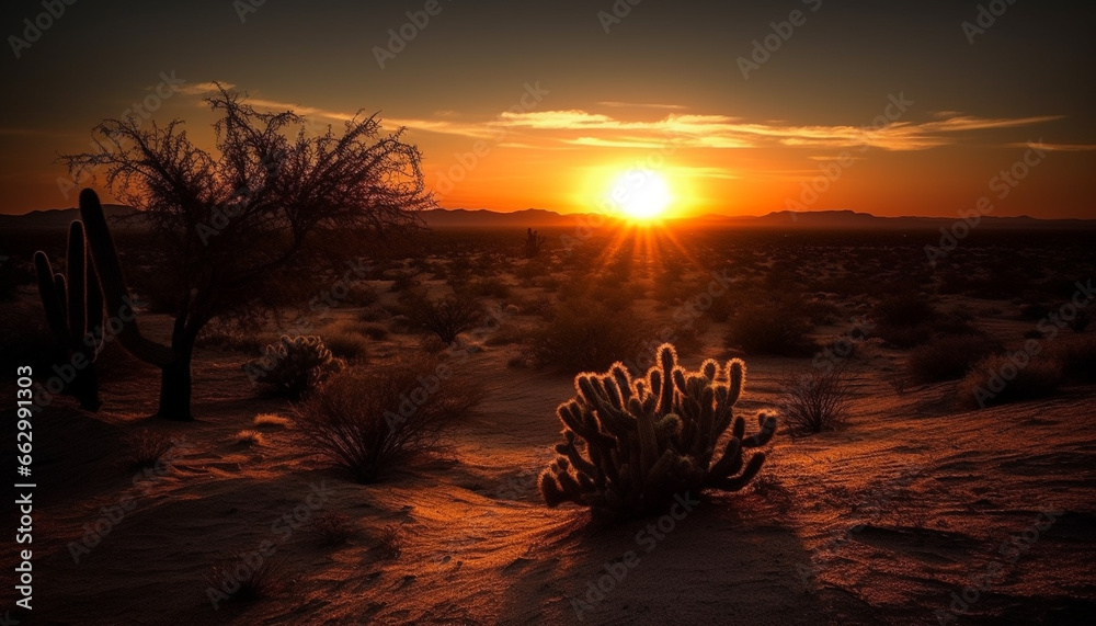 Tranquil sunset over arid Africa, beauty in nature extreme terrain generated by AI