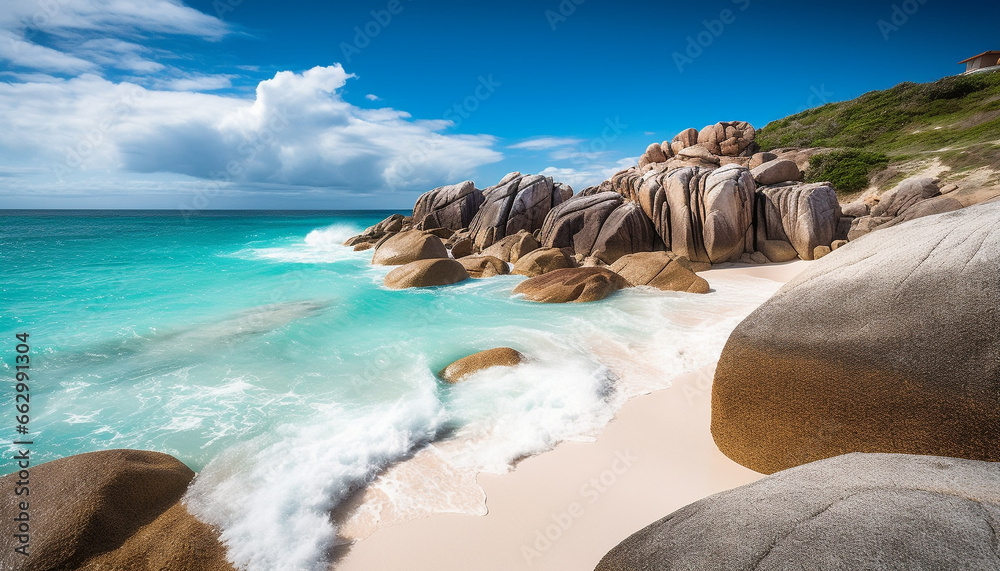 Tranquil seascape  turquoise waters meet rocky coastline at dawn generated by AI