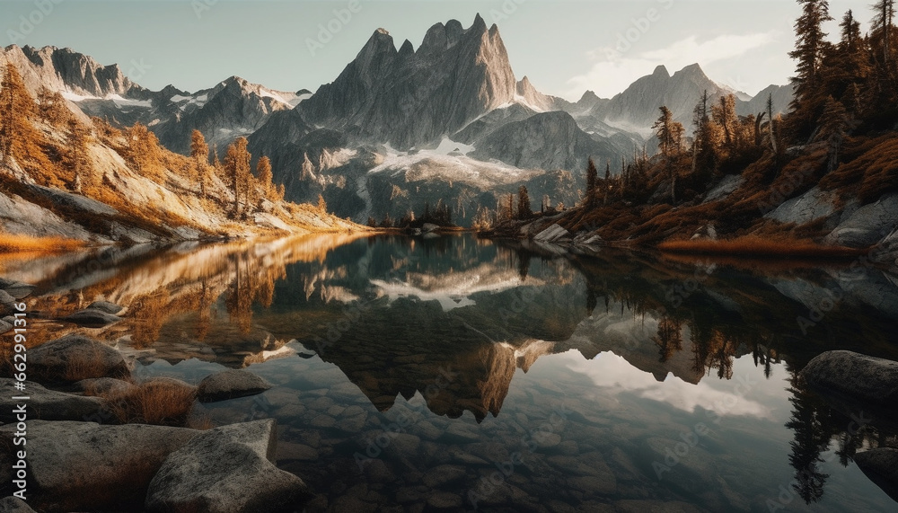 Majestic mountain range reflects tranquil scene of wilderness adventure generated by AI