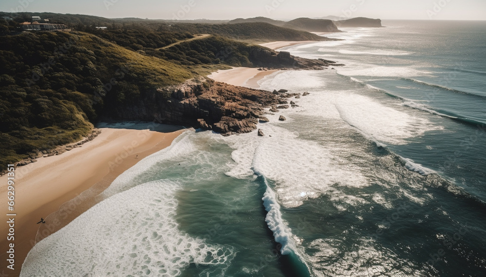 Tranquil sunset over Big Sur coastline, breaking waves and surf generated by AI