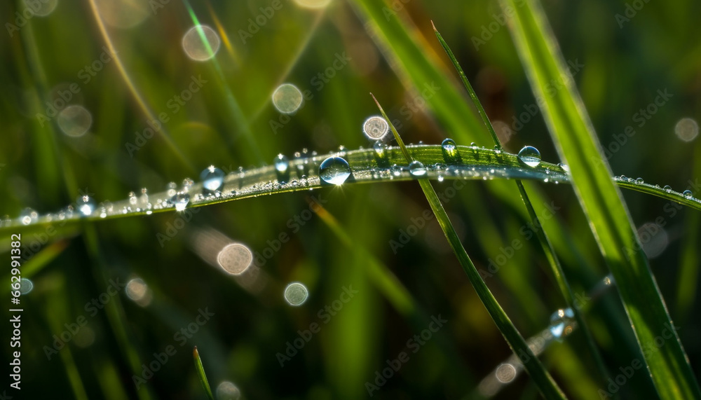 Fresh dew drops on green grass, a close up of nature beauty generated by AI