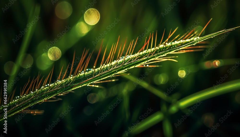 Vibrant green foliage in dewy forest, illuminated by sunlight generated by AI