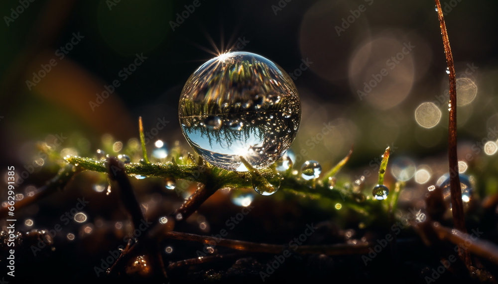 Fresh green leaf with dew drop, wet sphere reflects nature beauty generated by AI