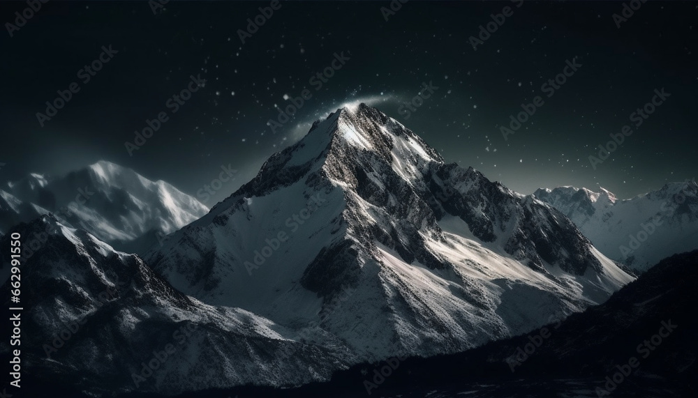 Majestic mountain peak in winter, ice and snow cover landscape generated by AI