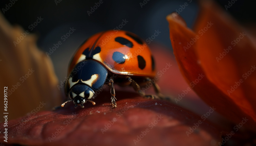 Beauty in nature  spotted ladybug crawls on fresh green leaf generated by AI