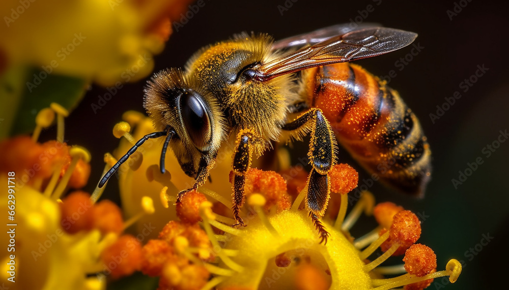 Yellow honey bee pollinates single flower in nature beauty generated by AI